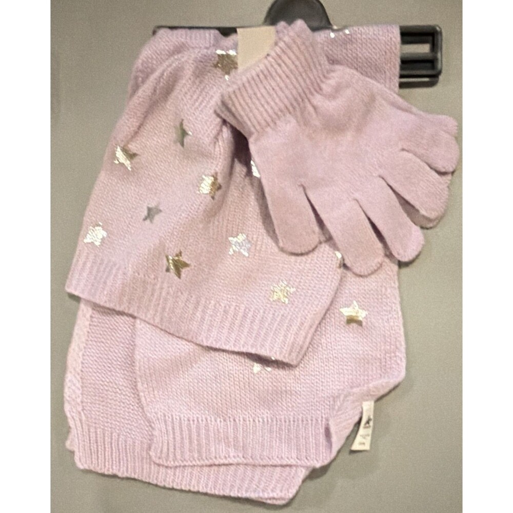 Girls Pink Knit 3-Piece Accessory Set Hat Scarf Gloves Glitter Stars NWT